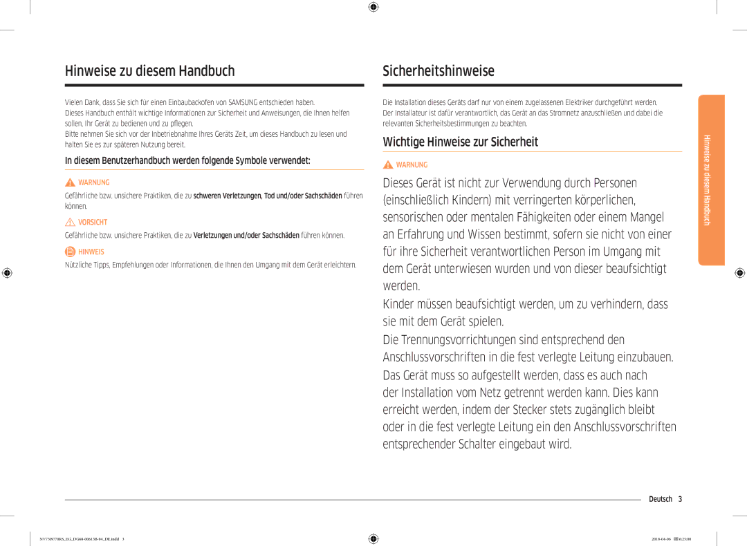 Samsung NV73J9770RS/EG manual Hinweise zu diesem Handbuch Sicherheitshinweise, Deutsch  